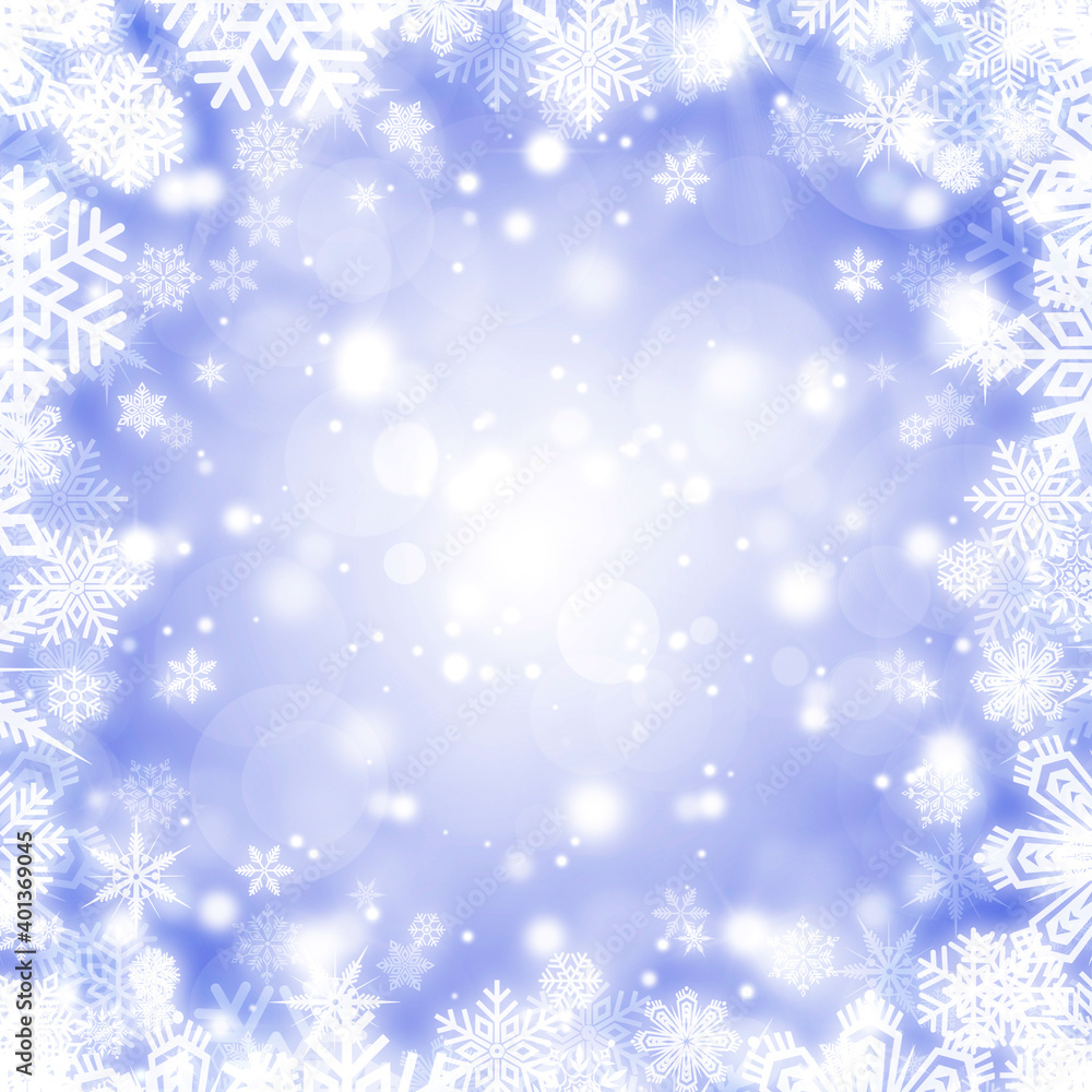 Festive whіte and blue bokeh background with a frame of shiny white snowflakes Festive whіte and blue bokeh background with a frame of shiny white snowflakes