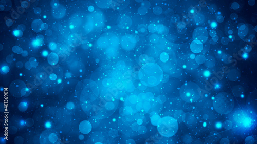 Shiny blue bokeh background with circles and flashes