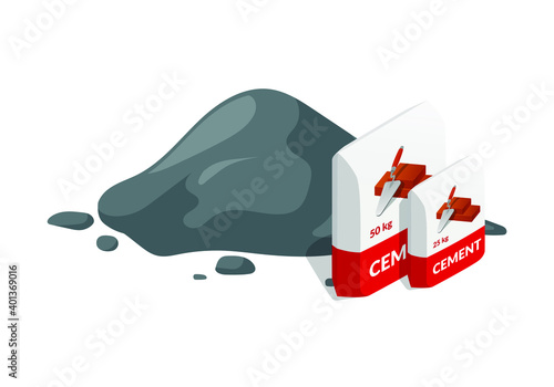 Isometric vector illustration cement pile and bags isolated on white background. Heap of cement colorful vector icon. Cement bags in flat cartoon style. Construction and building material.