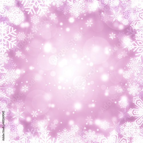 Festive wh  te and purple bokeh background with a frame of shiny white snowflakes