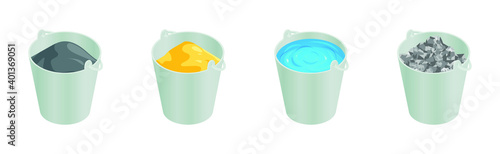 Isometric vector illustration bucket of sand, bucket of gravel, bucket of cement, bucket of water isolated on white background. Construction and building materials vector icons in flat cartoon style.