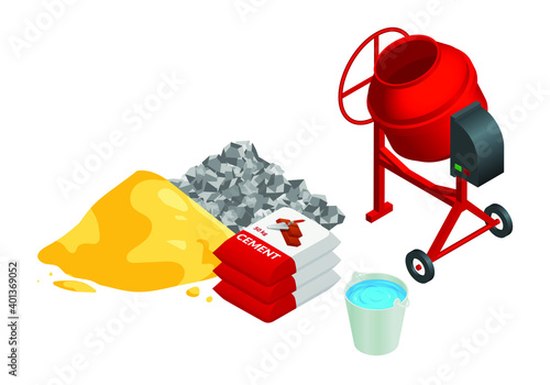 Isometric vector illustration pile of sand, pile of gravel, bags of cement, bucket of water and concrete mixer isolated on white background. Construction and building materials vector icons.