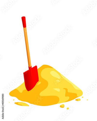 Isometric vector shovel and yellow sand pile illustration isolated on white background. Metal shovel and heap of sand colorful vector icon. Red shovel with the wooden handle in flat cartoon style.
