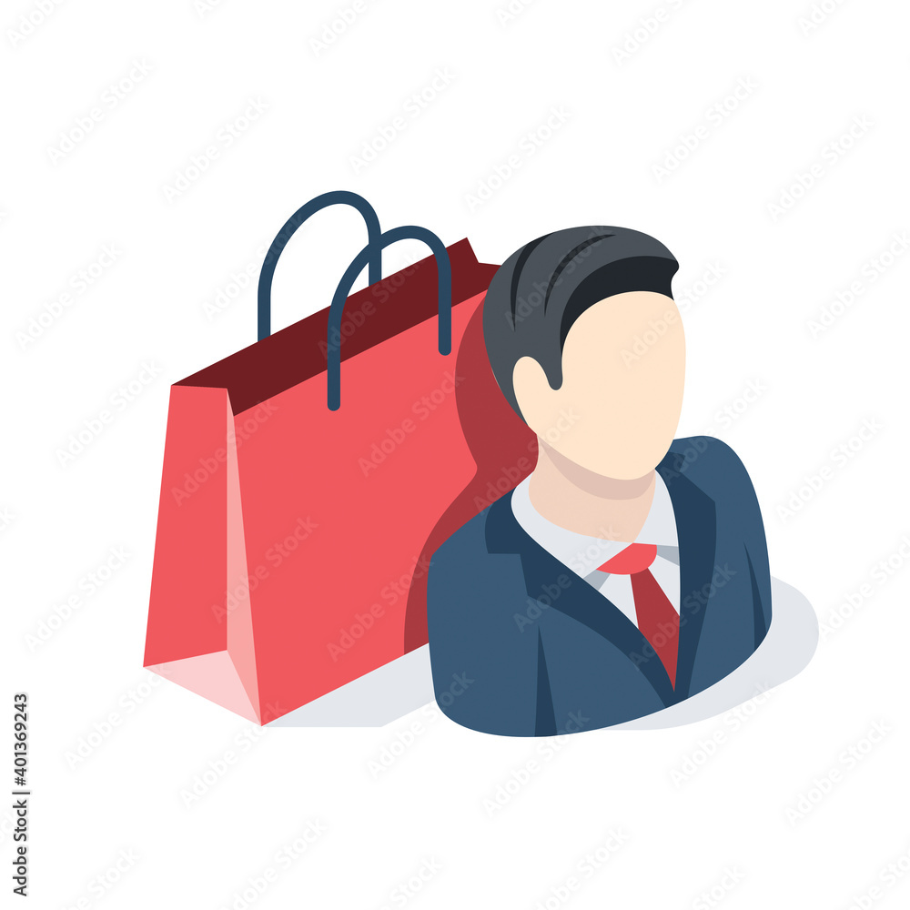 Bag purchases and man buyer. Bags store and sale label. Vector 3d isometric, color web icons set, new flat style. Bag purchases and man buyer. Bags store and sale label. Vector 3d isometric, color web icons set, new flat style.
