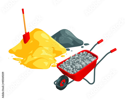 Isometric vector wheelbarrow, shovel, sand and cement piles illustration isolated on white background. Construction materials vector icon. Building materials and equipment in flat cartoon style.