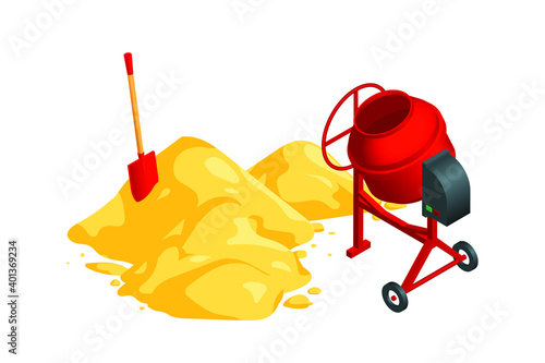 Isometric vector illustration concrete mixer, shovel and sand pile isolated on white background. Cement mixer and heap of sand realistic vector icon. Building material and equipment in cartoon style.