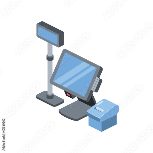 Cash register computer, receipt printer. Bags store and sale label. Vector 3d isometric, color web icons set, new flat style.