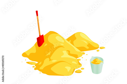 Isometric vector shovel, bucket and yellow sand pile illustration isolated on white background. Metal shovel and heap of sand colorful vector icon. Aluminum bucket in flat cartoon style.