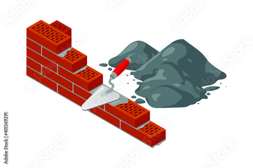 Isometric vector illustration realistic trowel, red brick wall and cement pile isolated on white background. Brickwork colorful vector icon in flat cartoon style. Construction and building material.