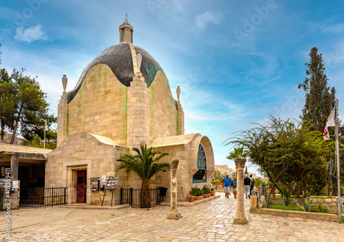 Dominus Flevit Church and sanctuary on Mount of Olives opposite walls of the Old City of Jerusalem, Israel photo