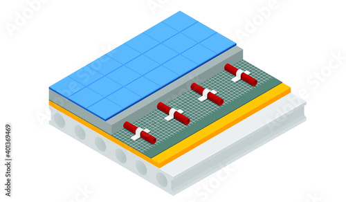 Vector illustration underfloor heating isolated on white background. Technical details of floor heating system under ceramic tiles in flat cartoon style. 3D isometric layers of floor heating system.