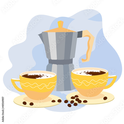 Percolator moka coffee pot with two cups of coffee. Silver moka pot octagonal espresso and two yellow mugs. Cute morning vector lifestyle illustration with coffee drink and beans.