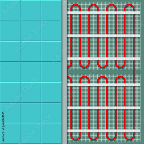 Vector illustration underfloor heating system. Realistic floor heating system under ceramic tiles in flat cartoon style. Top view layers of floor heating.