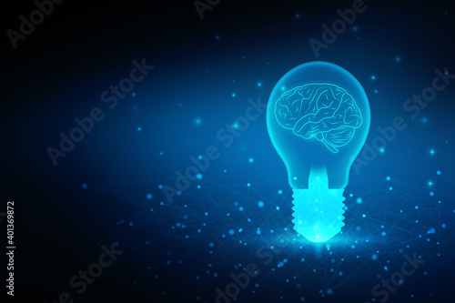 2d illustration Brainstorm concept with futuristic glowing low polygonal light bulb and human brain