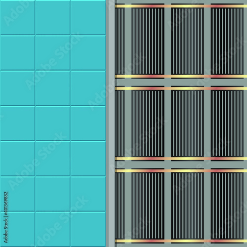 Vector illustration underfloor heating system. Realistic infrared floor heating system under ceramic tiles in flat cartoon style. Top view layers of floor heating.