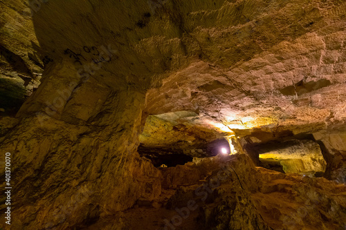 Monumental supporting columns of chambers and passages in Zedekiah’s Cave - King Solomon’s Quarries - under Old City of Jerusalem, Israel