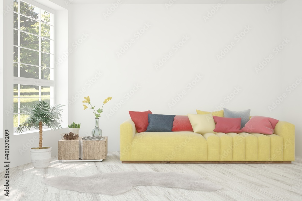 Fototapeta premium White living room with sofa. Scandinavian interior design. 3D illustration