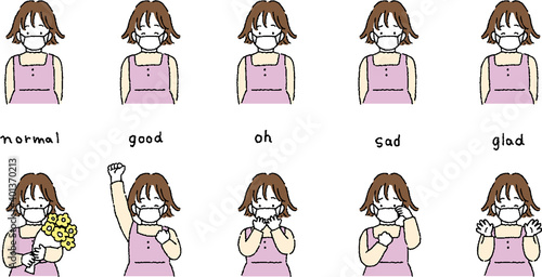 子供　マスクで花粉症や風邪予防をする女の子のイラストセット Children Illustration set of a girl using a mask to prevent hay fever and colds.