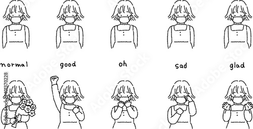 子供　マスクで花粉症や風邪予防をする女の子のイラストセット Children Illustration set of a girl using a mask to prevent hay fever and colds.