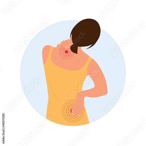 Young woman holding hands on neck in back pain.Pain in Necklifts. Treatment of Cervical Spine.  Neck injury.Vector illustration