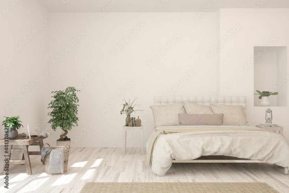 White bedroom interior. Scandinavian design. 3D illustration White bedroom interior. Scandinavian design. 3D illustration