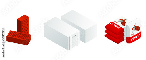Isometric vector illustration red bricks, concrete blocks and cement bags isolated on white background. Building materials colorful vector icon in flat cartoon style. Construction materials.