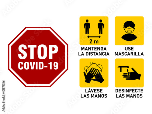 Simple Set of Coronavirus Covid-19 Instruction Icons in Spanish, including Keep Distance 2 m or 2 Metres, Wear a Face Mask, Wash Your Hands and Sanitize Your Hands. Vector Image.