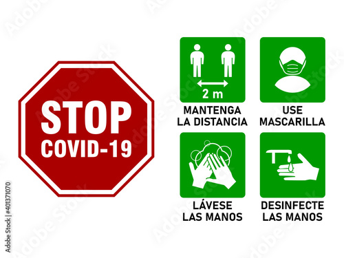 Simple Set of Coronavirus Covid-19 Instruction Icons in Spanish, including Keep Distance 2 m or 2 Metres, Wear a Face Mask, Wash Your Hands and Sanitize Your Hands. Vector Image.