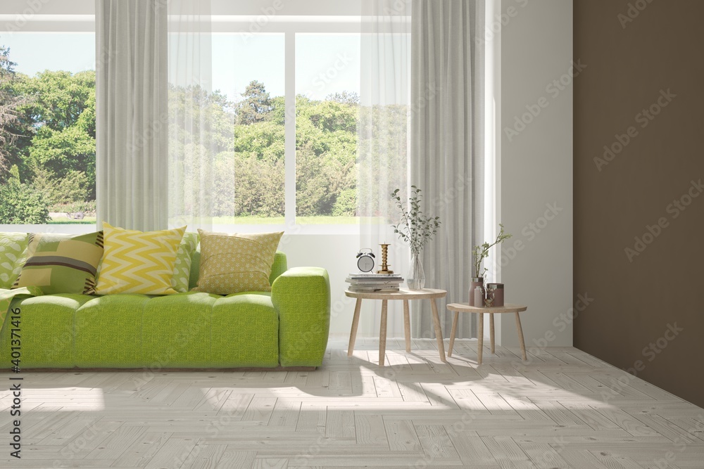 Fototapeta premium White living room with sofa and summer landscape in window. Scandinavian interior design. 3D illustration
