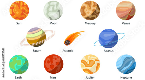 Planets of the solar system. Solar system planets set. Vector, cartoon illustration. Vector.