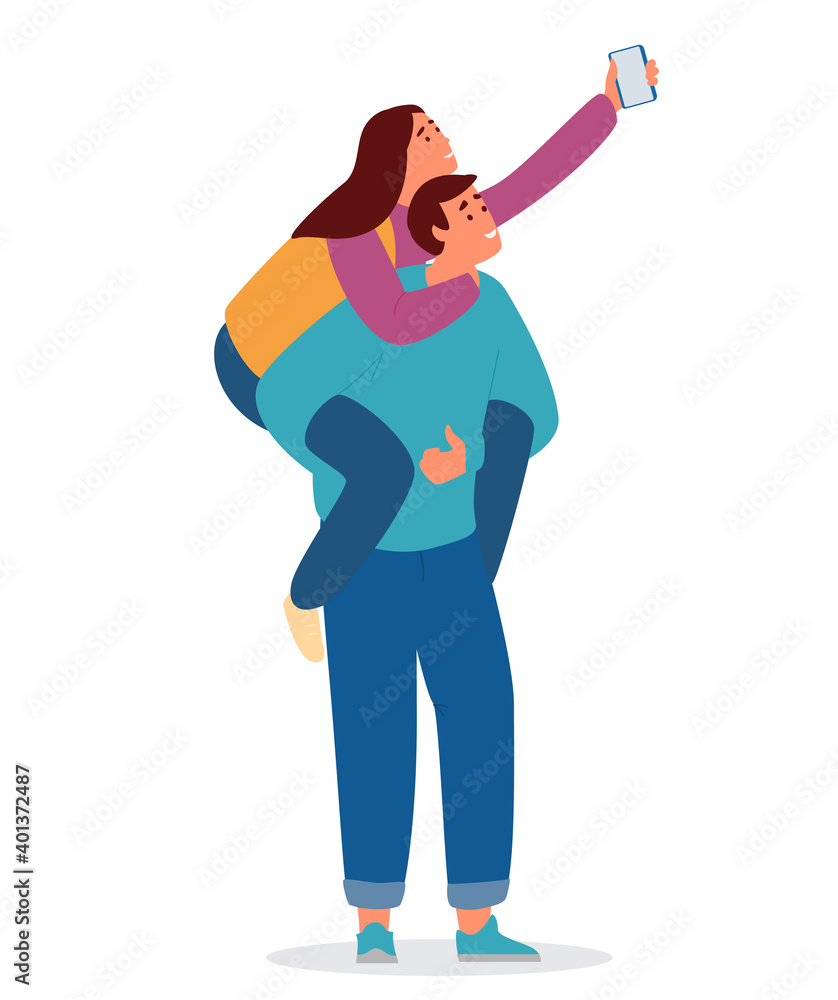 Vector Illustration Of Young Couple Making Selfie. Smiling Boy Carrying Girl On Back Having Fun And Taking Picture. Isolated On White. Vector Illustration Of Young Couple Making Selfie. Smiling Boy Carrying Girl On Back Having Fun And Taking Picture. Isolated On White.