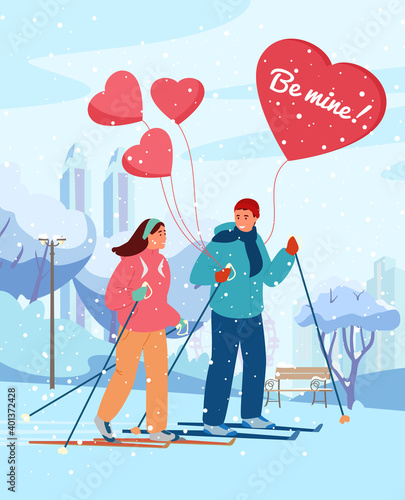 Saint Valentine's Day Greeting Card Vector Design. Couple In Love Skiing In Winter Park With Heart Shaped Balloons Under Snowfall. 
