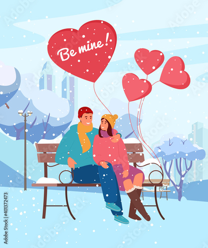 Saint Valentine's Day Greeting Card Vector Design. Illustration Of Couple In Love Sitting In Winter Park On Snowy Bench With Heart Shaped Balloons Under Snowfall.