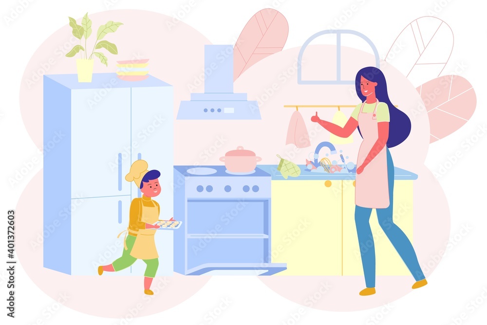 Fototapeta premium Flat Mother and Son Cooking Together in Kitchen.