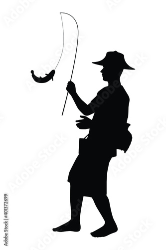 Asian fisherman with fishing pole silhouette vector