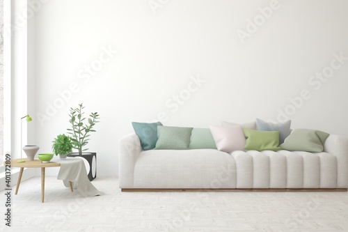 White living room with sofa. Scandinavian interior design. 3D illustration