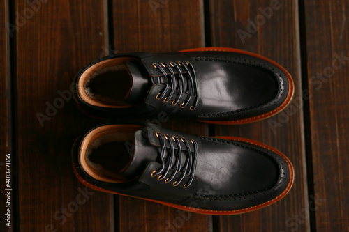 leather shoes on the wooden floor 