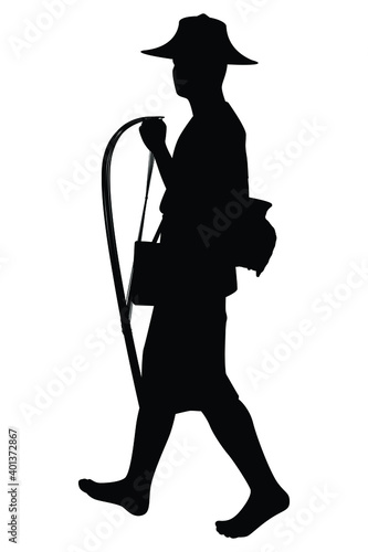Asian fisherman with fishing pole silhouette vector
