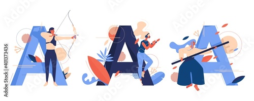 Concept sport illustration with capital letters A for archery, aikido and aerobics training decorated with leaves and geometric shapes. Young adorable women doing exercise