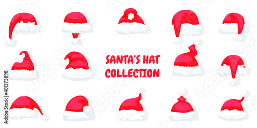 Big set of realistic Santa Claus hats isolated on white background. Christmas bright, red Santa Claus hats with fur and fur bubo. Vector illustration