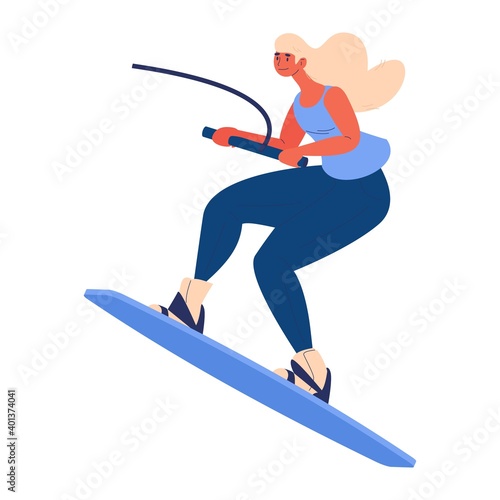 Woman riding wakeboard isolated on white. Smiling cartoon female character doing extreme sport