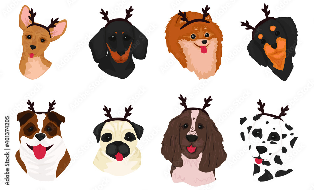 Obraz premium Collection of funny dogs of different breeds. Merry Christmas and Happy New Year 2021. Cute doodle corgi for Christmas. Cute dogs with deer antlers. Vector illustration