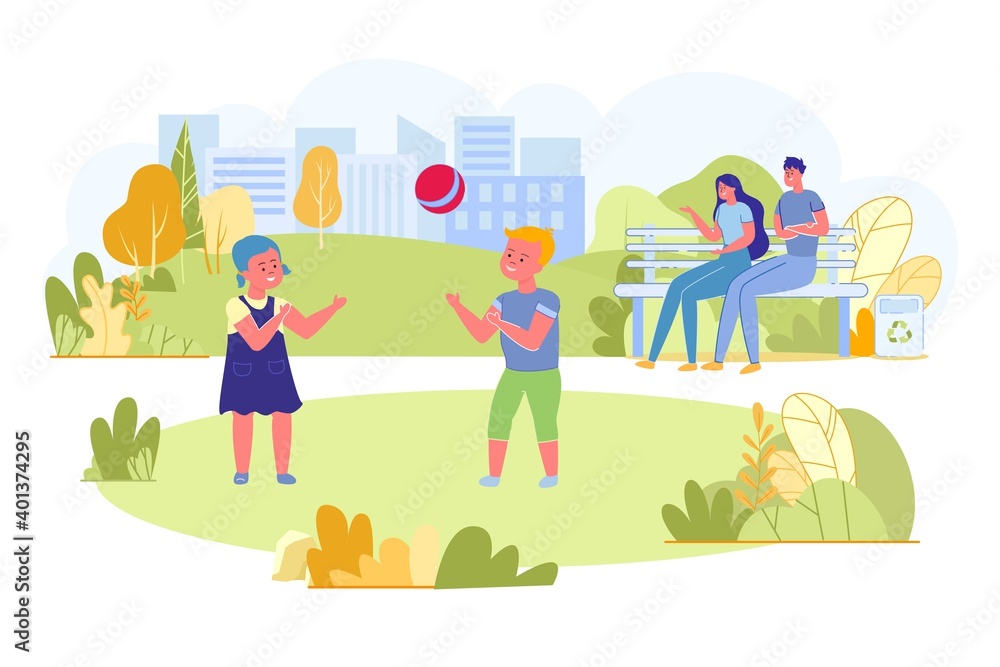 Family Spending Free Time in Park, Kids with Ball. Family Spending Free Time in Park, Kids with Ball.
