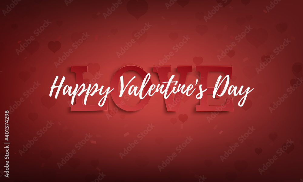 Happy Valentines Day greeting card on red background fith hearts. Poster, banner, brochure or flyer template.