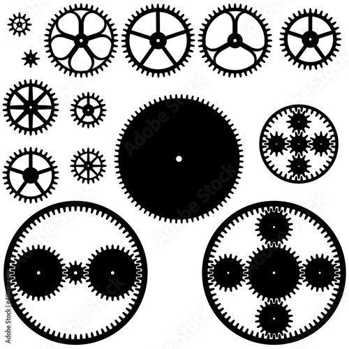 Collection of gears for watches or other mechanisms, planetary gearing. Vector illustration isolated on white background.