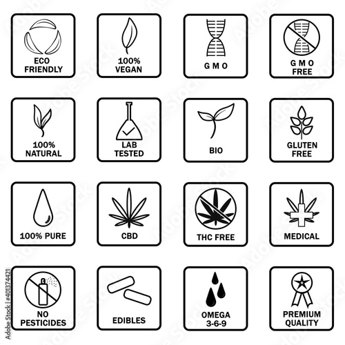 Set of CBD oil icons. New popular icon set. THC free, no gmo, made in USA, bio, vegan, premium quality, lab tested, omega 3-6-9, pure, natural, no pesticides, organic, eco, gluten free, gmp.