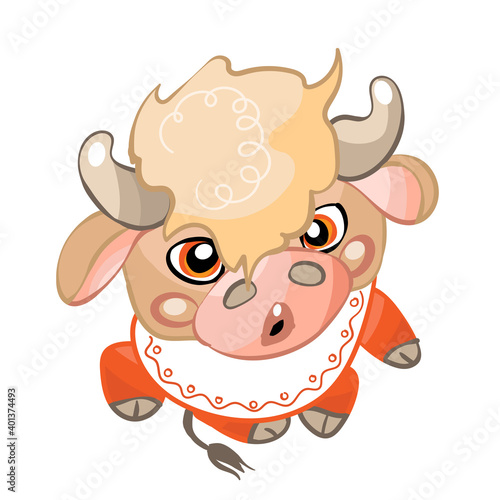 2021. A calf is a small cow with pink hair. A kid with big eyes in orange clothes. Cute animal. A boy. Funny cartoon childrens picture. New Year Of The Bull. Symbol of the year.The beast