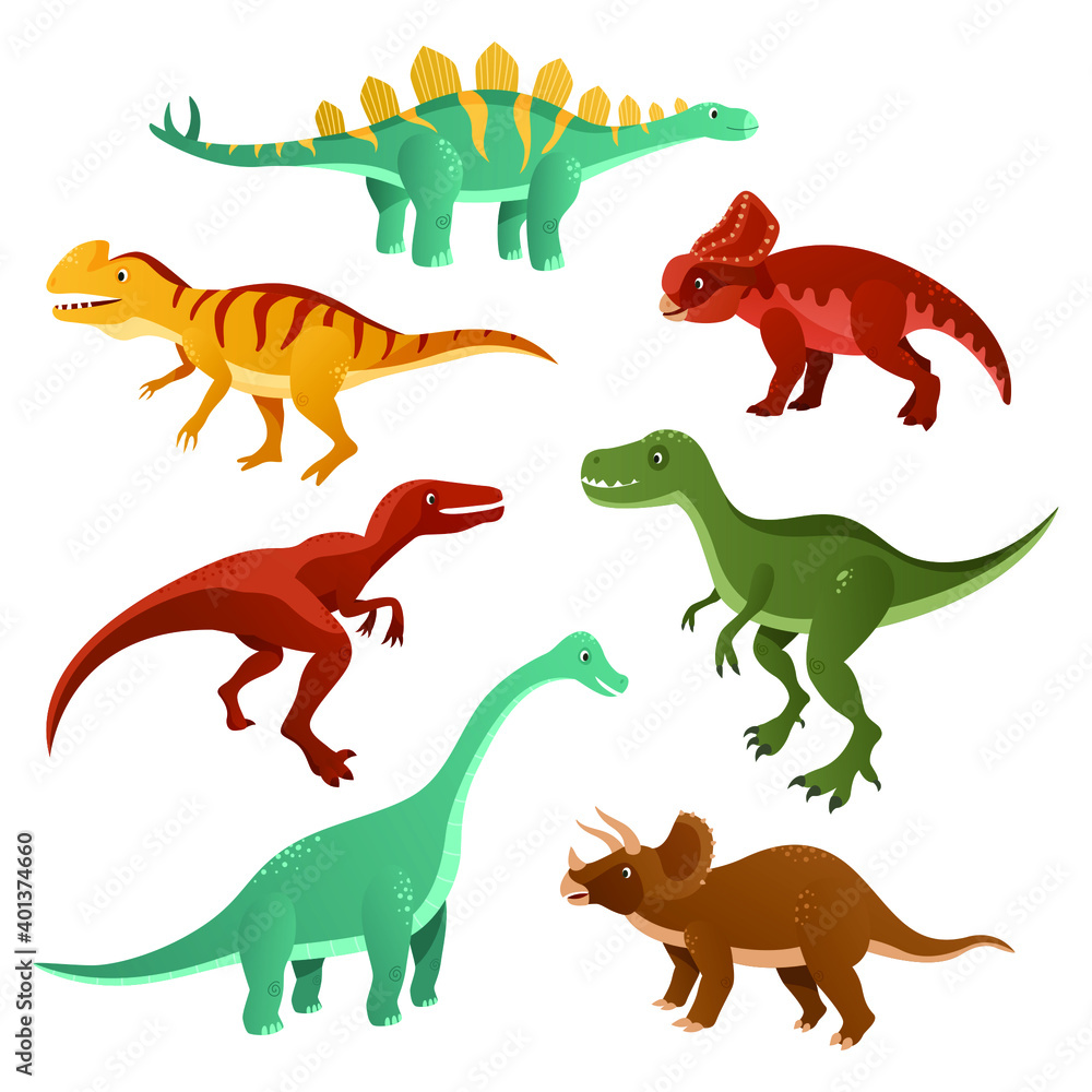 Collection of cartoon dinosaurs of different types. Funny dinosaurs. Funny animal of the Jurassic era isolated on white background. Vector illustrations