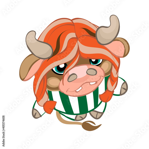 2021. A calf, a small cow in green striped clothes with red pigtails. A kid with big eyes. Cute animal. A girl. Funny cartoon children's picture. New Year Of The Bull. Symbol of the year.Beast, bull