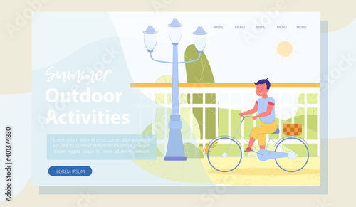 Flat Landing Page with Cartoon Boy Cycling in Park